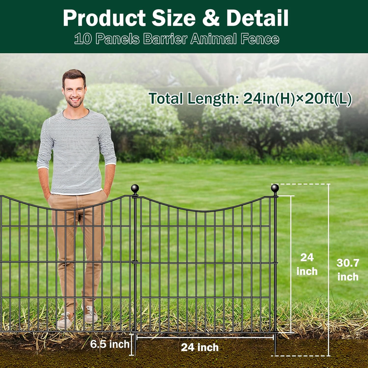 10 Panels No Dig Dog Fence Outdoor for Yard, 24 in(H) X 20 ft(L) Decorative Tall Garden Fence