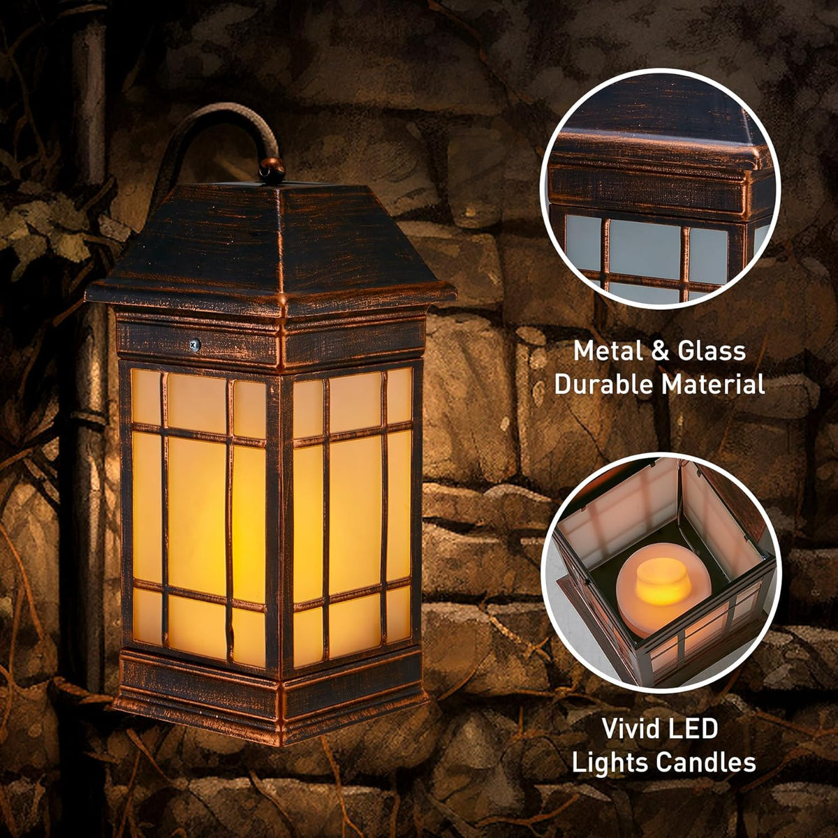 14" Solar Lantern Outdoor Waterproof, Glass Flickering Flame Solar Lanterns, Hanging Metal Lantern