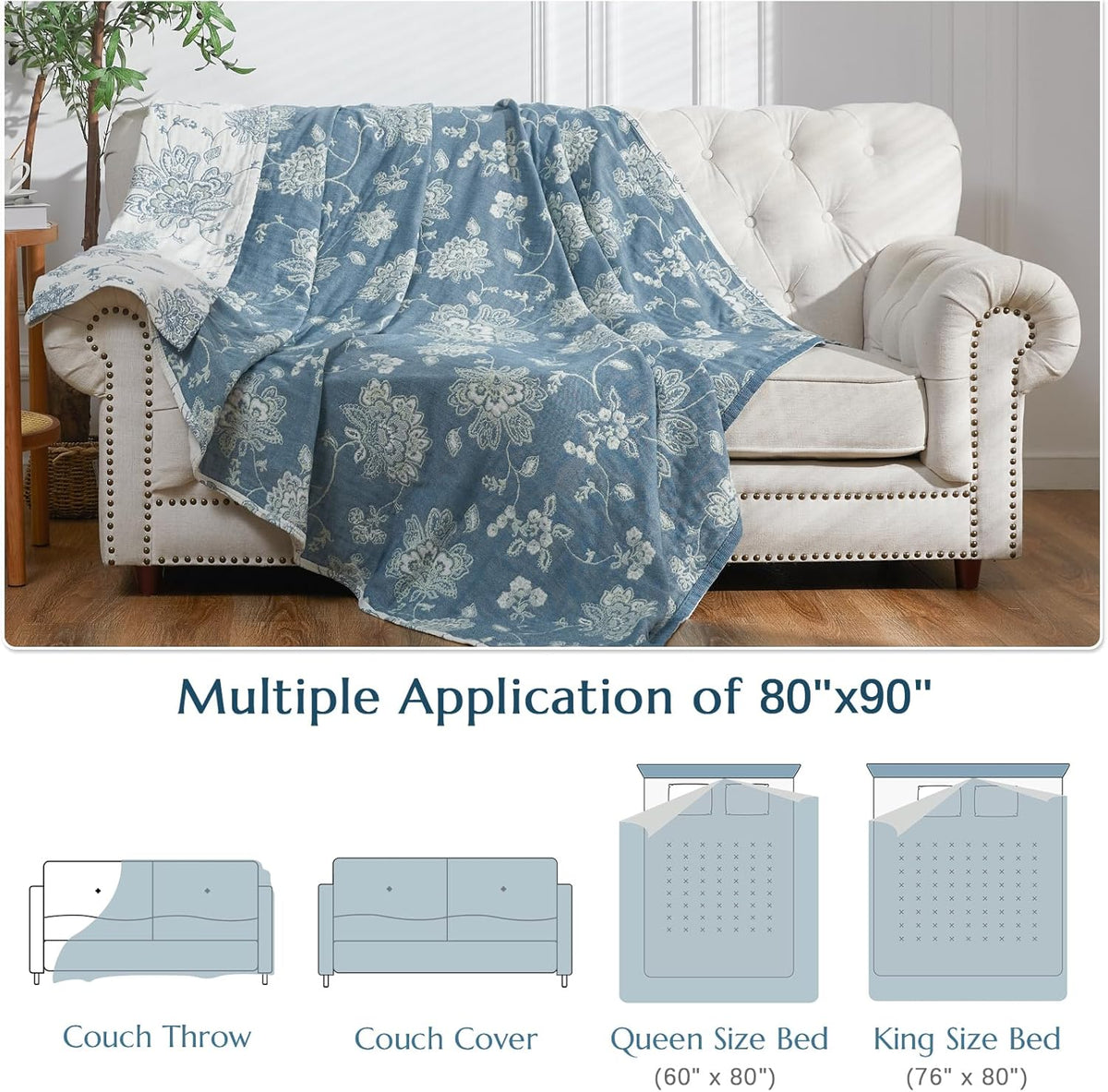 jinchan Boho 100% Cotton Muslin Queen Size 80x90 Inches Blanket Lightweight 4-Layer Quilted Soft