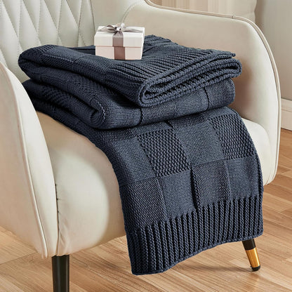 CozeCube Check Knit Throw Blanket, Midnight Navy Checkered Throw for Couch, Decorative Christmas