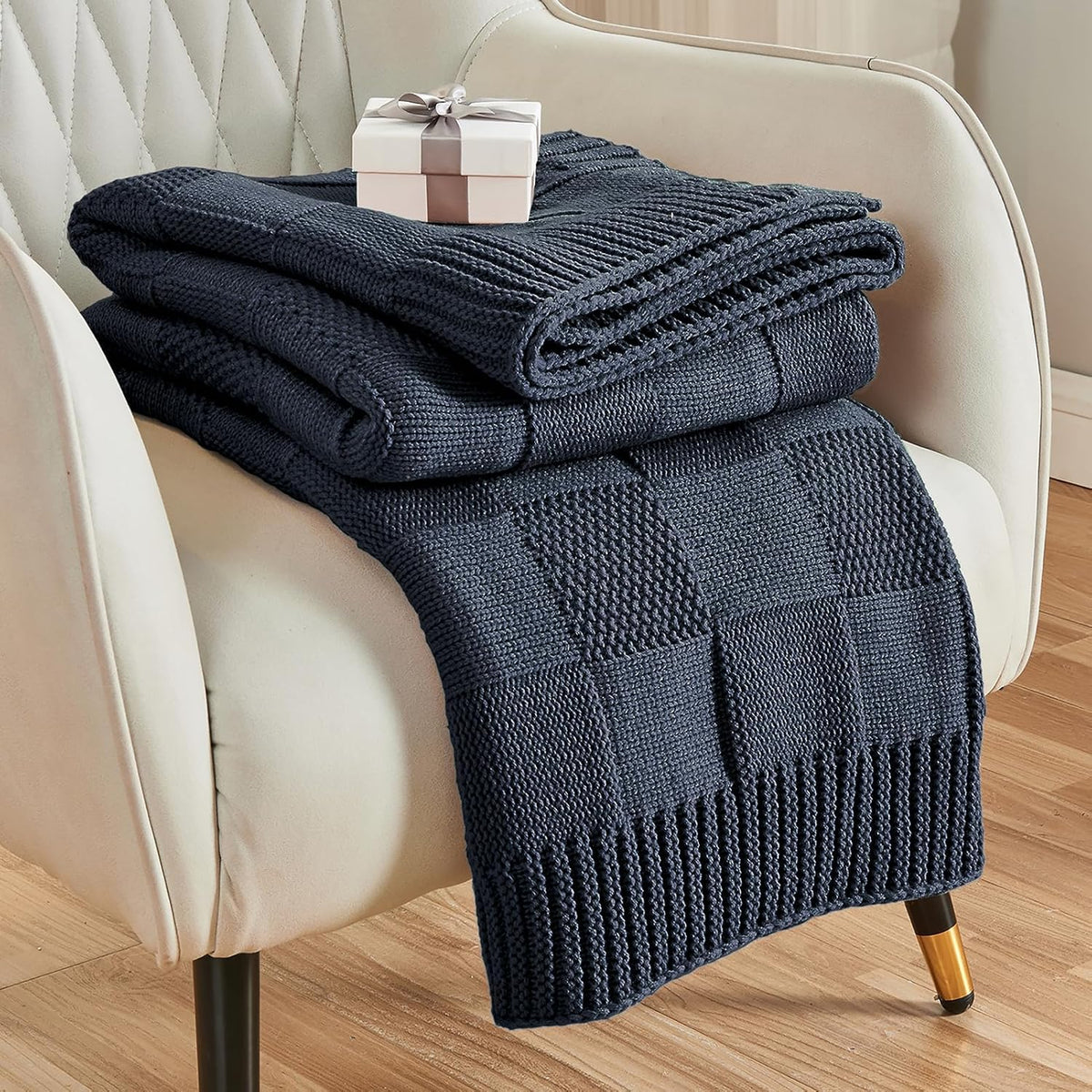 CozeCube Check Knit Throw Blanket, Midnight Navy Checkered Throw for Couch, Decorative Christmas