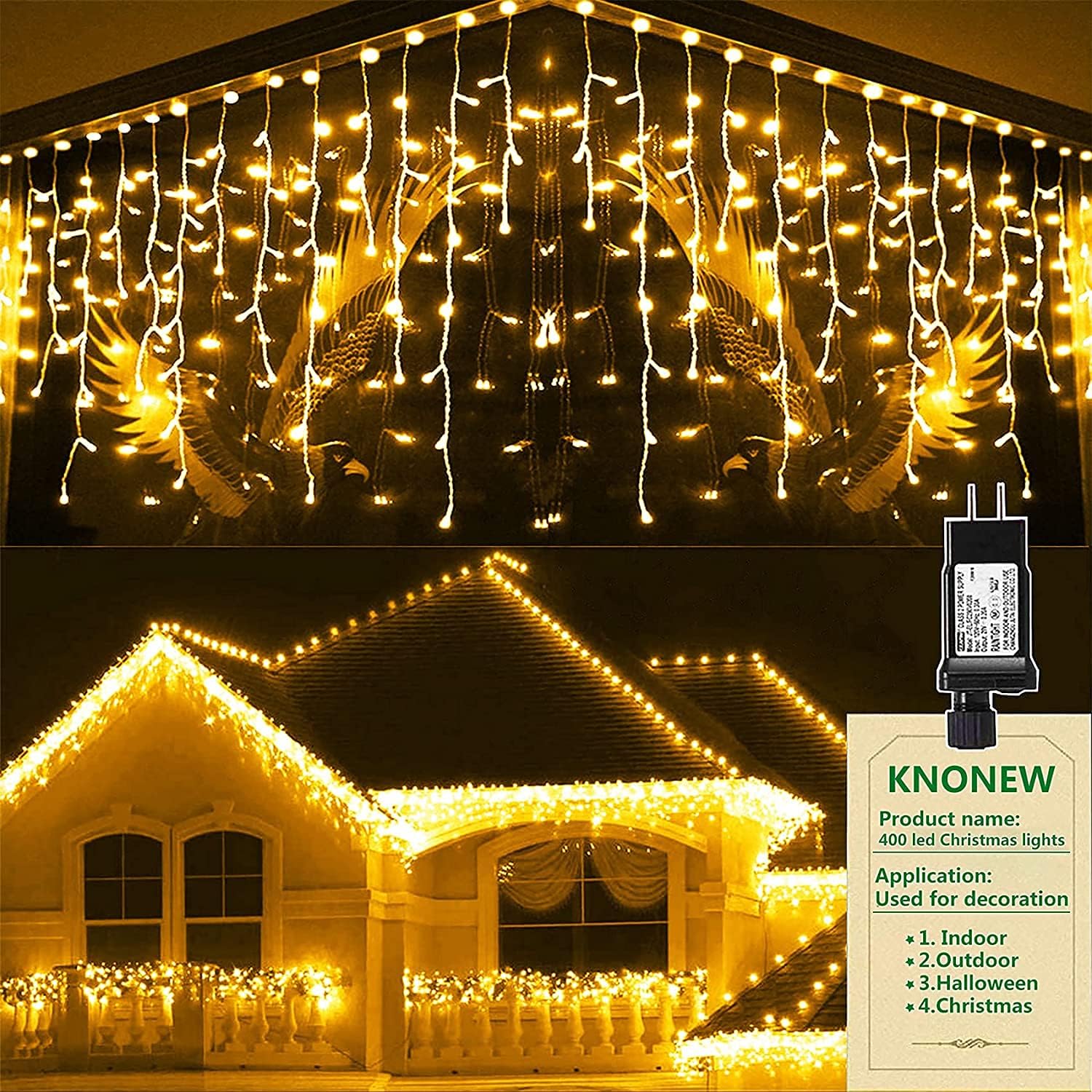 KNONEW Christmas Lights Outdoor Decorations 400 LED 33ft 8 Modes Curtain Fairy String Light with 75