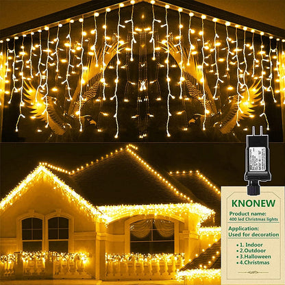 KNONEW Christmas Lights Outdoor Decorations 400 LED 33ft 8 Modes Curtain Fairy String Light with 75