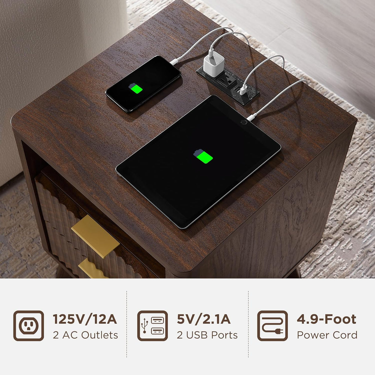 T4TREAM Fluted Nightstand with Charging Station, 18" Modern Side Table, 2 Drawers End Table with