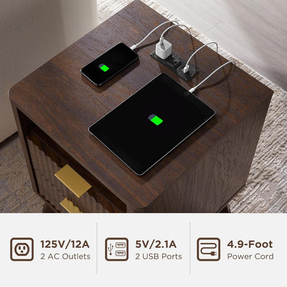 T4TREAM Fluted Nightstand with Charging Station, 18" Modern Side Table, 2 Drawers End Table with