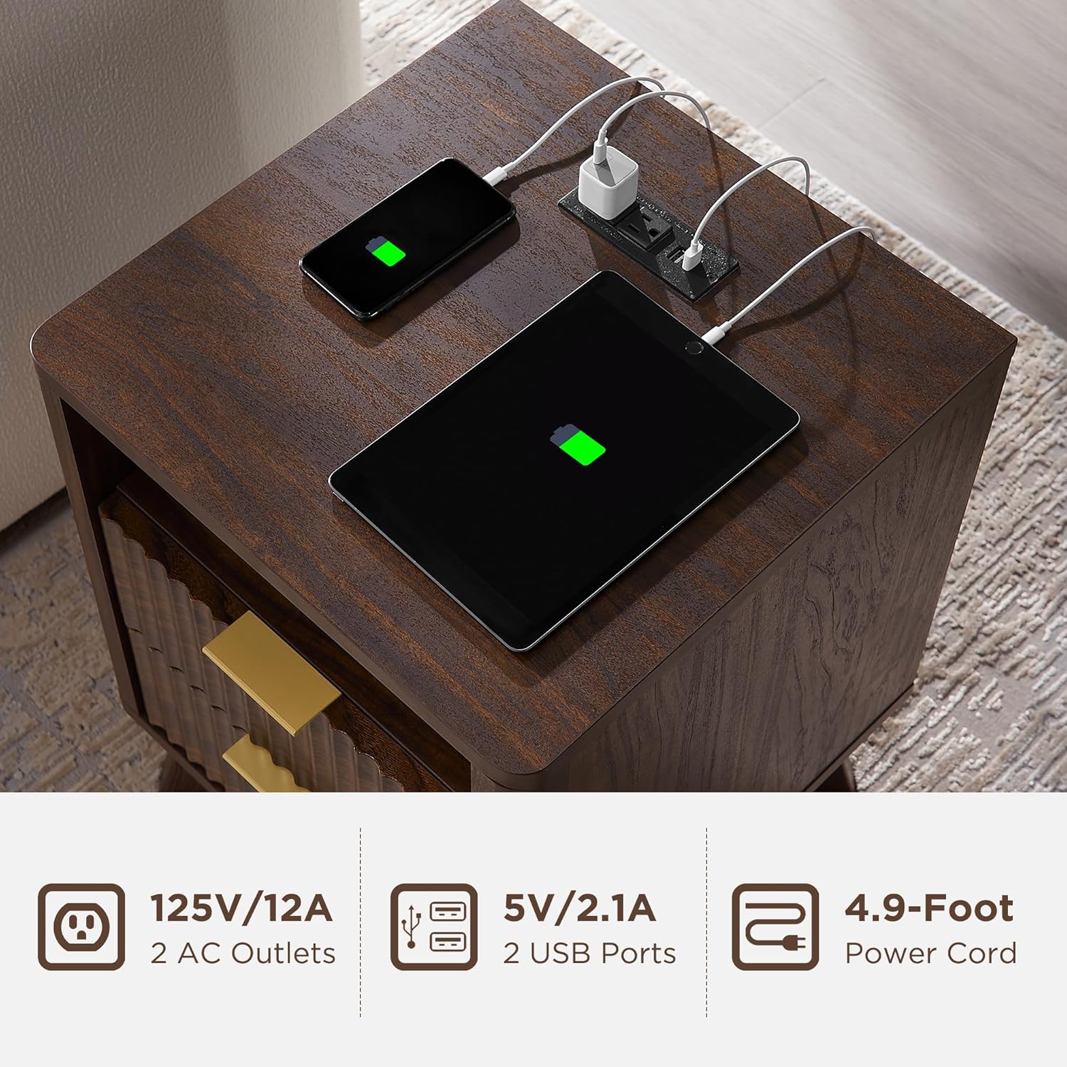 T4TREAM Fluted Nightstand Set of 2 with Charging Station, 18" Modern Side Table, 2 Drawers End