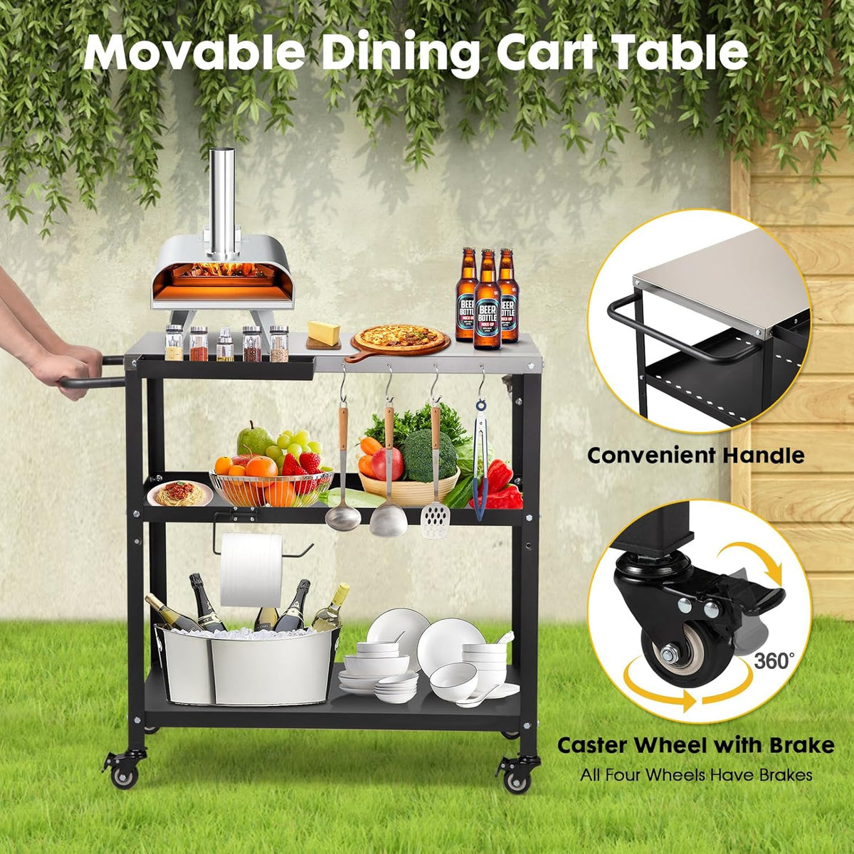 Outdoor Grill Cart Table,Indoor and Outdoor Pizza Oven Table,with 4 Movable Total Lock Casters