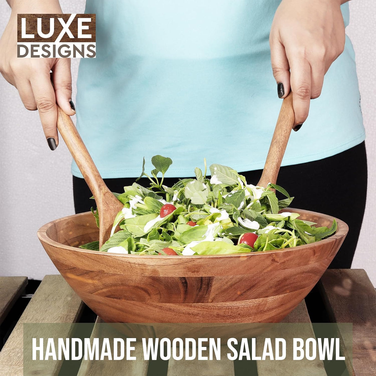 Luxe Designs Wooden Salad Bowl Set - Food Safe & Sustainable Decorative Bowl - Wood Bowl for
