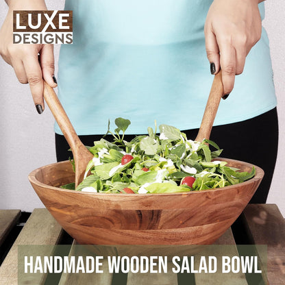 Luxe Designs Wooden Salad Bowl Set - Food Safe & Sustainable Decorative Bowl - Wood Bowl for