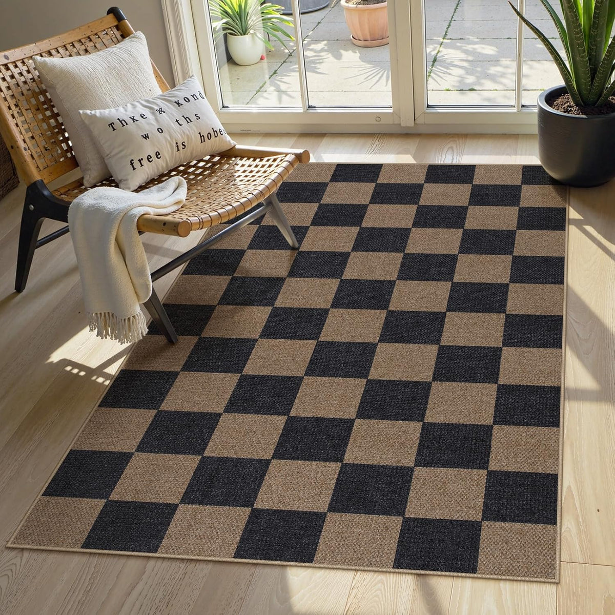 Lahome Checkered Easy Jute 3x5 Rug, Washable Rugs for Living Room Entryway Farmhouse Non Slip Black