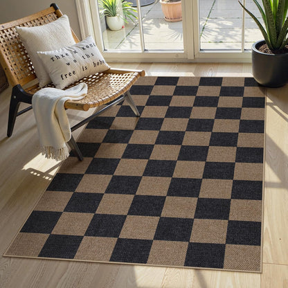 Lahome Checkered Easy Jute 3x5 Rug, Washable Rugs for Living Room Entryway Farmhouse Non Slip Black