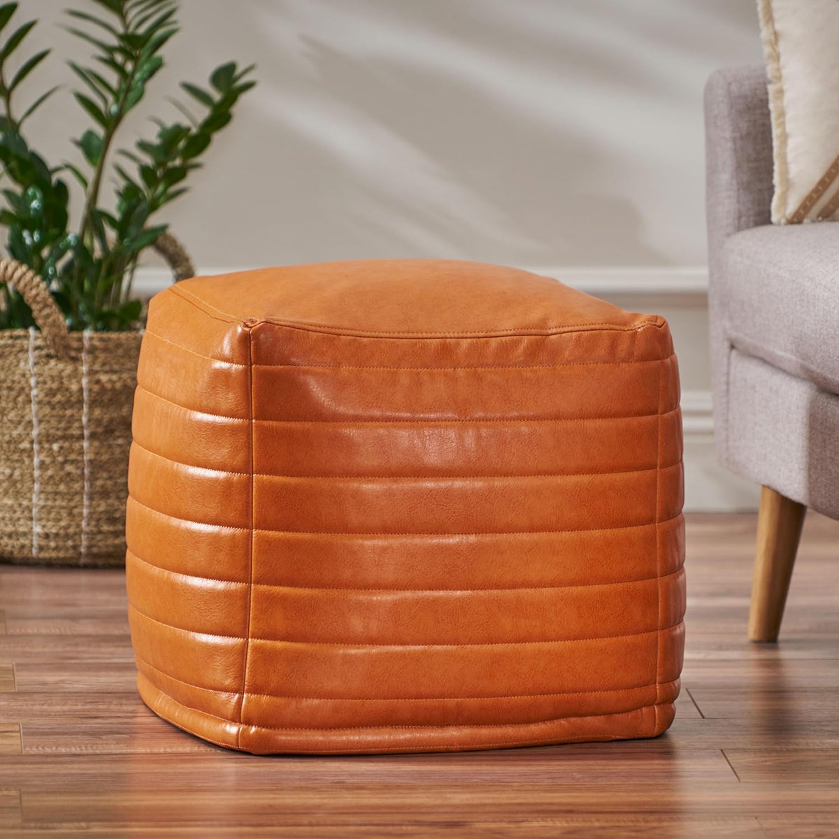 GDFStudio Contemporary Faux Leather Channel Stitch Pouf Ottoman Foot Stool - Bean Bag Floor Chair