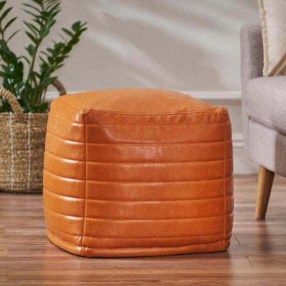 GDFStudio Contemporary Faux Leather Channel Stitch Pouf Ottoman Foot Stool - Bean Bag Floor Chair
