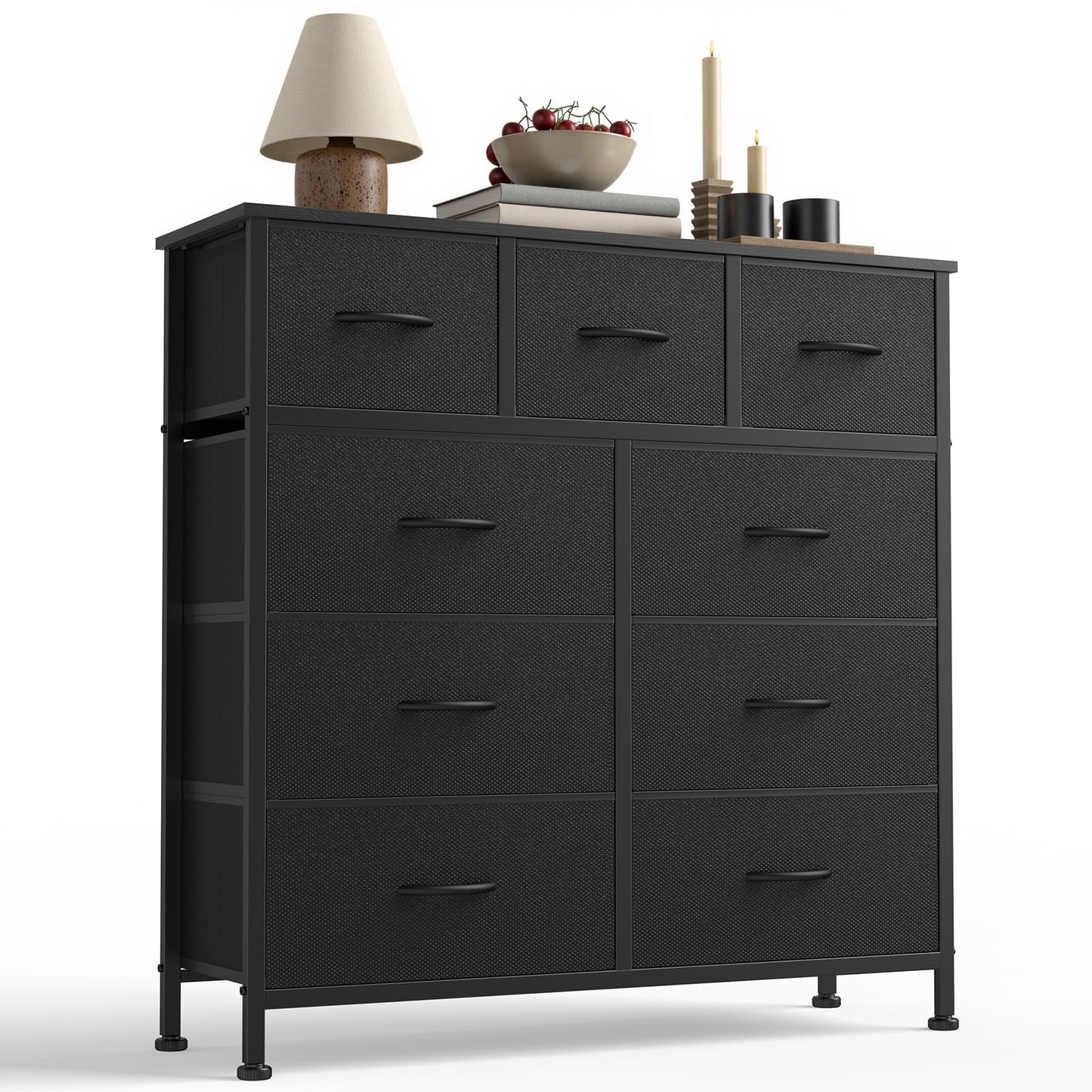 Sweetcrispy 9-Drawer Fabric Dresser Storage Tower with Wood Top, Black