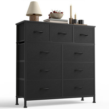 Sweetcrispy 9-Drawer Fabric Dresser Storage Tower with Wood Top, Black