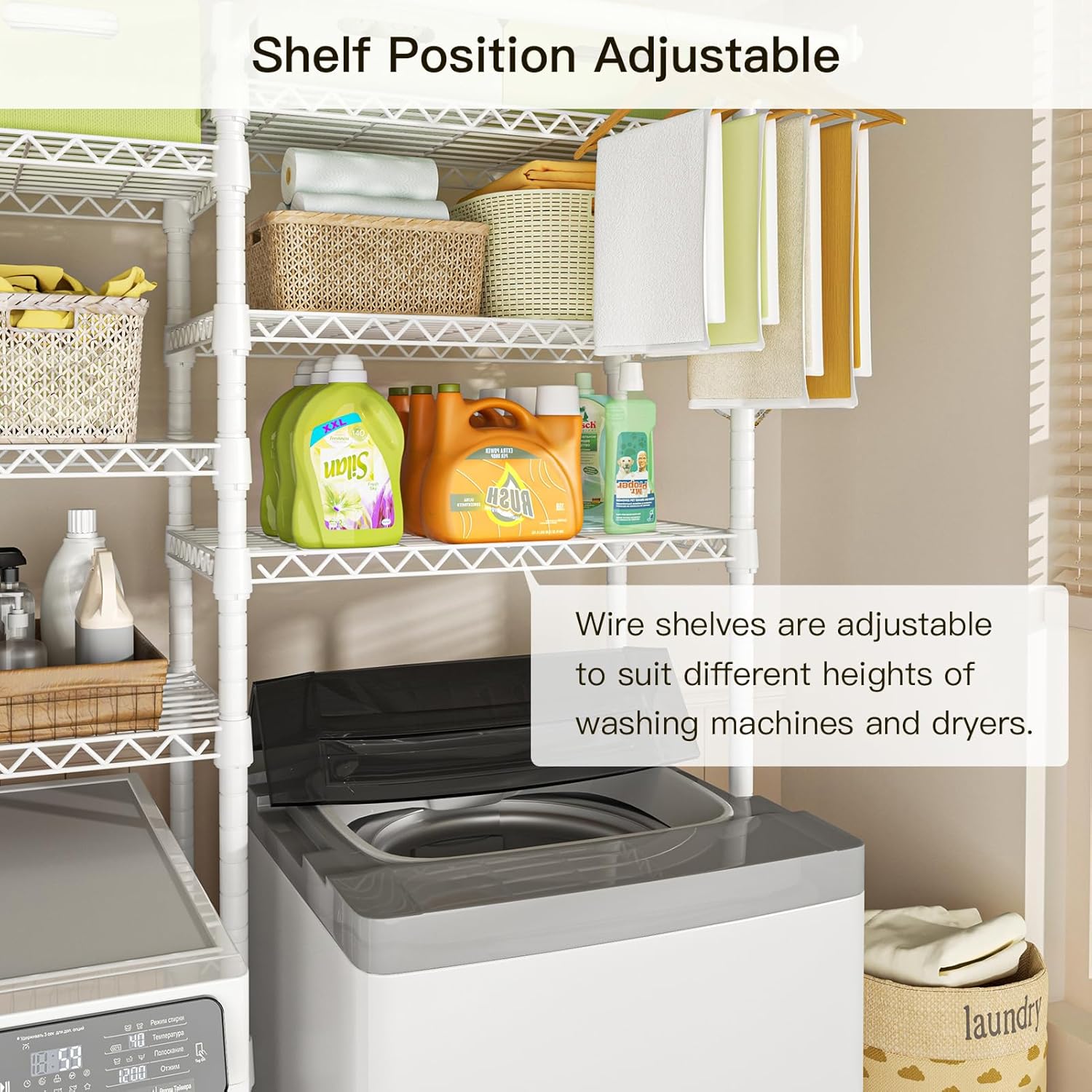 Ulif U13 Over Washer and Dryer Storage Shelves, 6 Tiers Laundry Room Standing Shelf with 2 Hanger