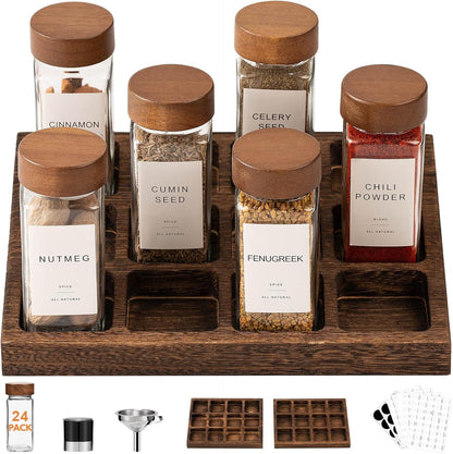 Yangbaga 24Pcs Glass Spice Jars with Labels-4oz Acacia Wood Lid Square Spice Containers and 2pcs