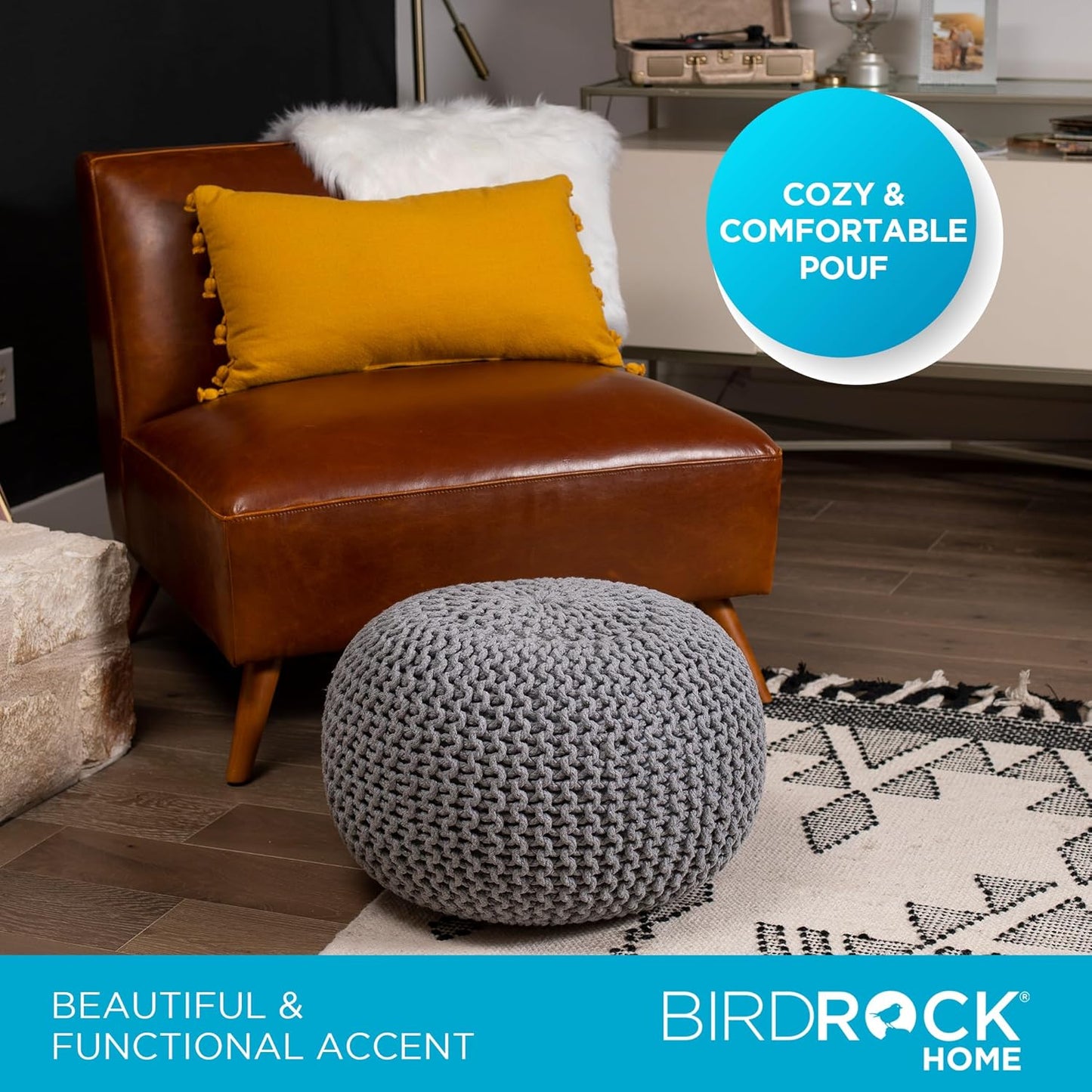 BIRDROCK HOME Round Pouf Ottoman | Cotton Braided Foot Stool with Bean Bag Filling | Boho Foot Rest