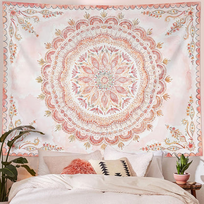Fowocu Boho Floral Mandala Tapestry Wall Hanging Pink Bohemian Flower Medallion Tapestry Aesthetic