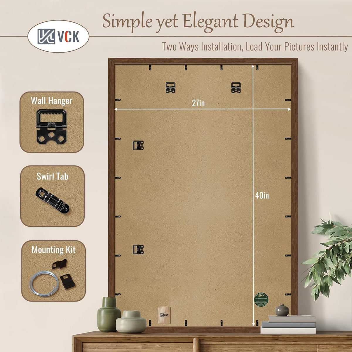 VCK 27x40 Brown Poster Frame 3 Pack, Wood Picture Frame with Exclusive Wood Grain, Wall Mounting