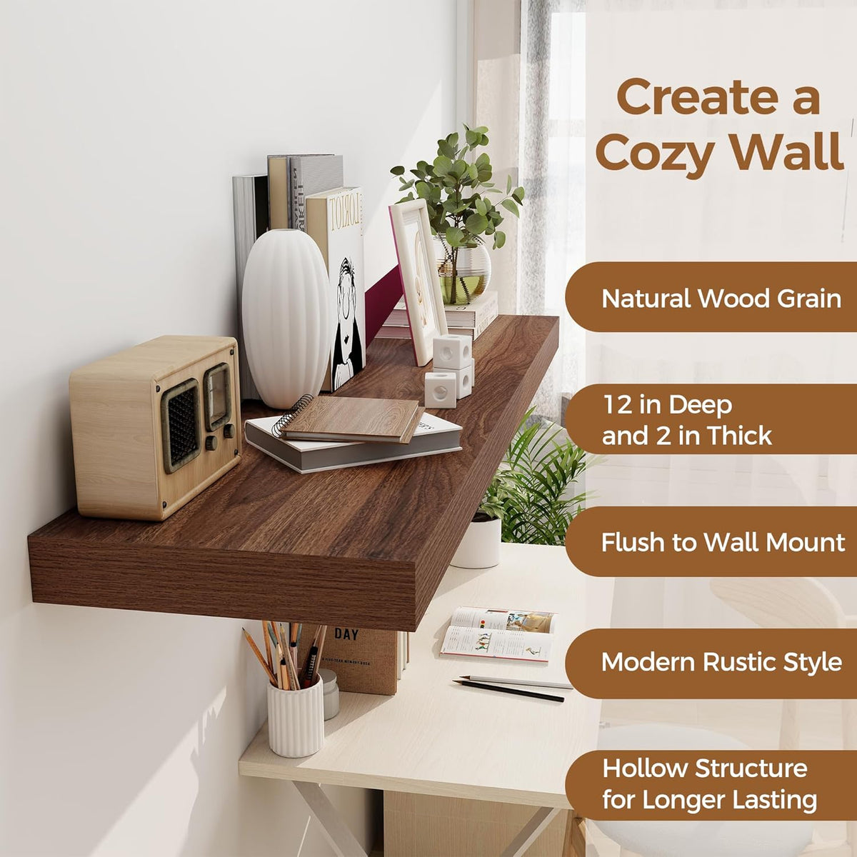 Floating Shelves 48 Inch Long, 12 Inch Deep Floating Shelves for Wall, 48 x 12 Large Wall Shelves
