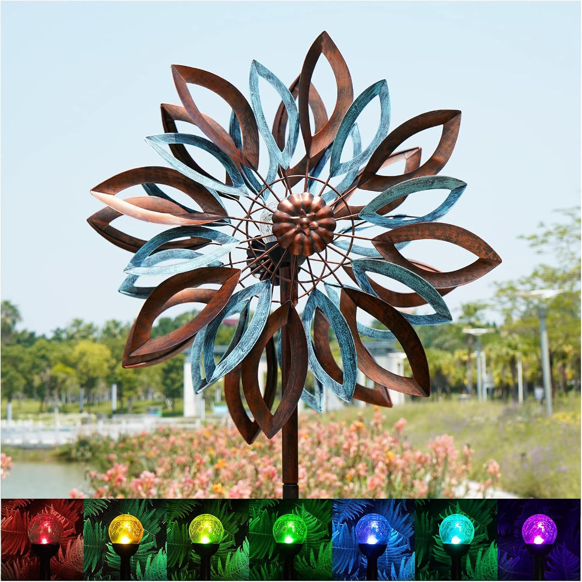 Yard Garden Wind Spinners with Solar Lights, Large Outdoor Metal Wind Spinners, Lawn Yard Art