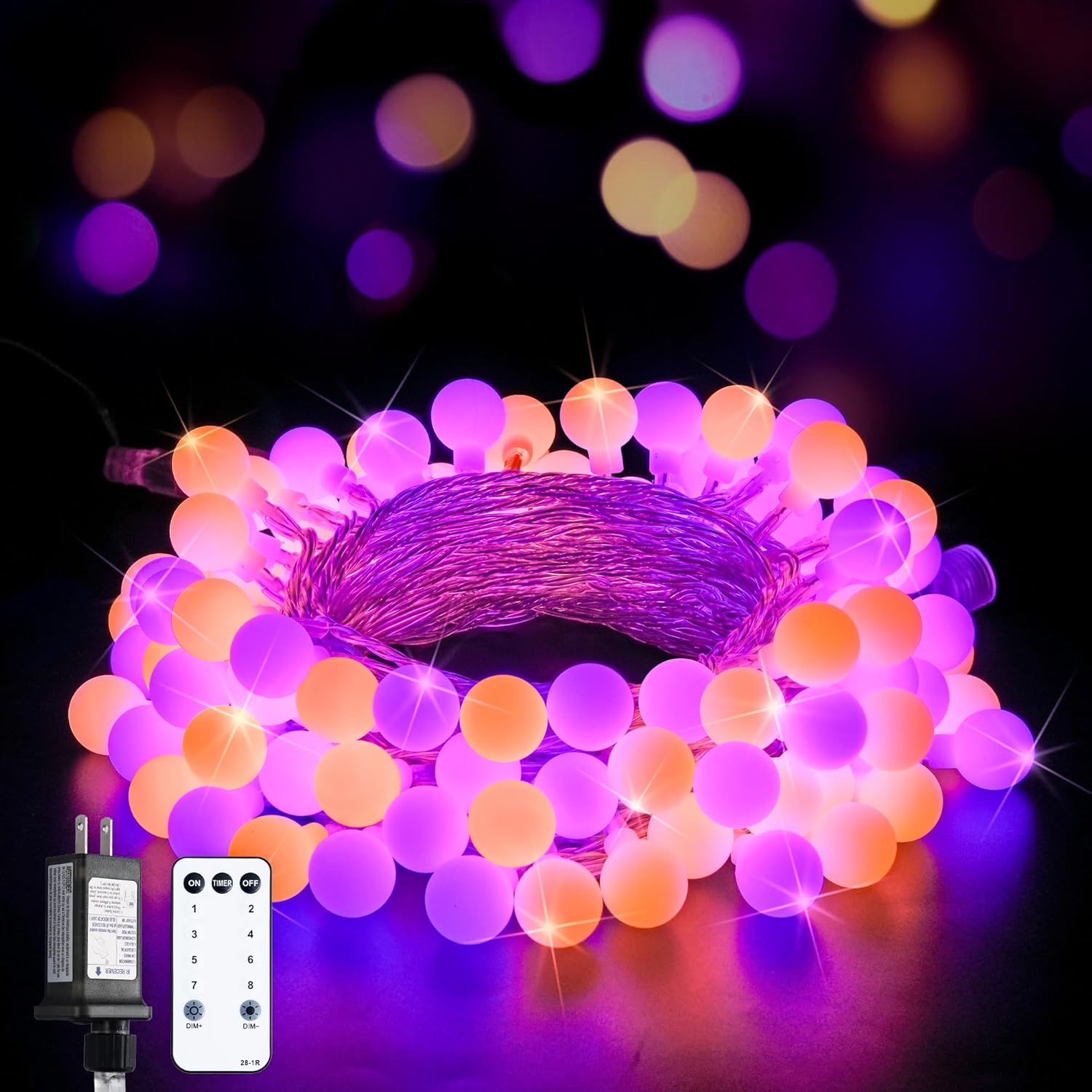 JMEXSUSS 100 LED Orange and Purple Halloween Lights Indoor, Connectable Globe String Lights Plug in