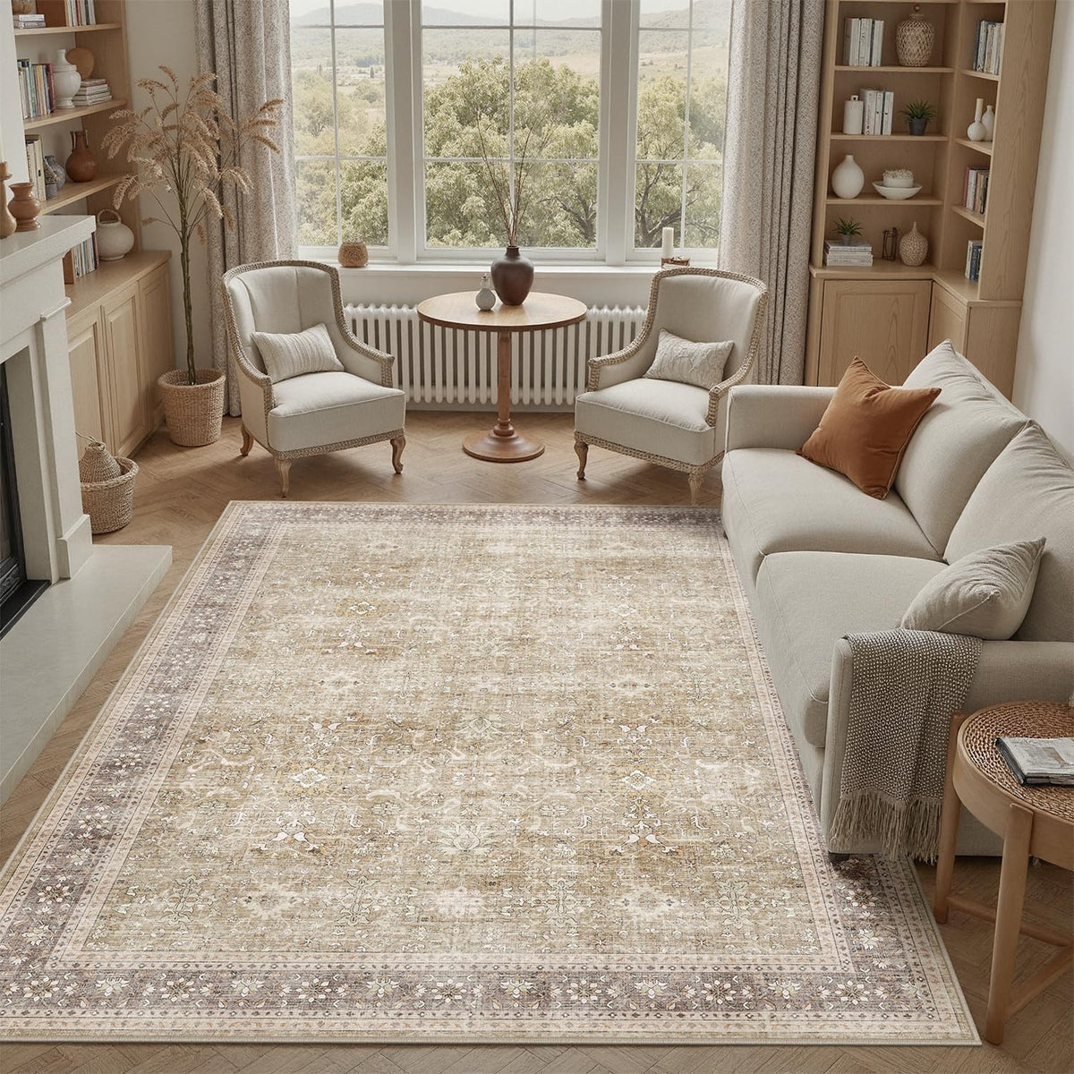 DCX Machine Washable Brown and Beige Area Rug 8x10, Non Slip Stain Resistant Vintage Rug for Living