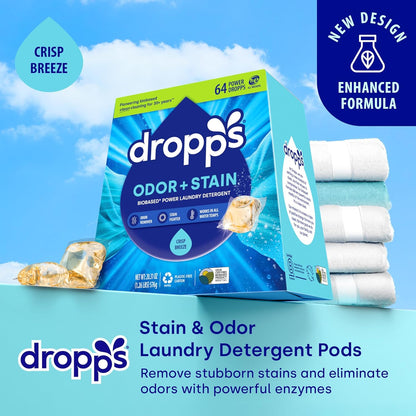 Dropps Odor & Stain Biobased Power Laundry Detergent Pods, Crisp Breeze (64 Pods) - HE Compatible