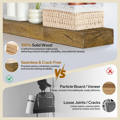 Floating Shelves 3 inch Thick for Wall Set of 2,Solid Pine Wood Wall Mount Shelf for Kitchen Living