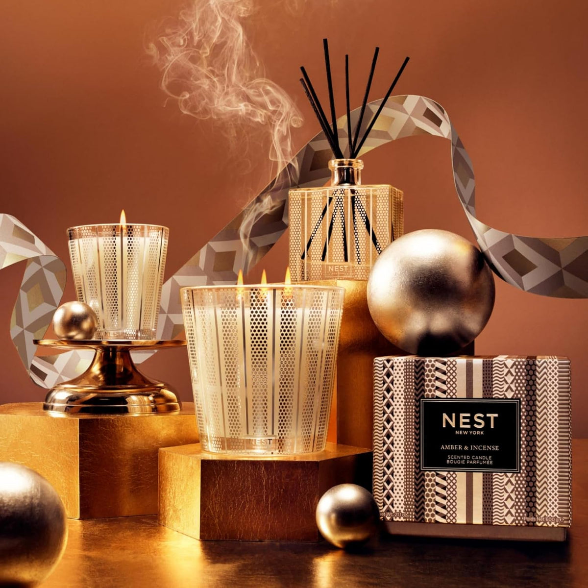 NEST New York Scented Classic Candle, Amber & Incense - 8.1 oz - Up to 60-Hour Burn Time - Reusable