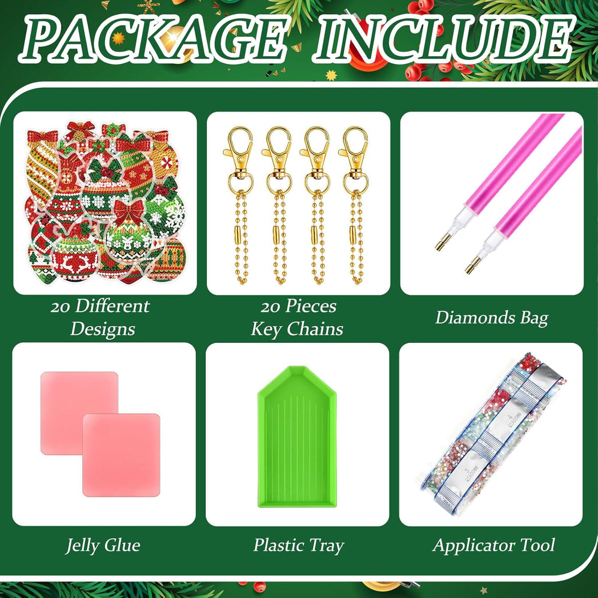 Tondiamo 20 Pcs Christmas Diamond Painting Keychain Kits 5D DIY Diamond Art Pendants Double Sided