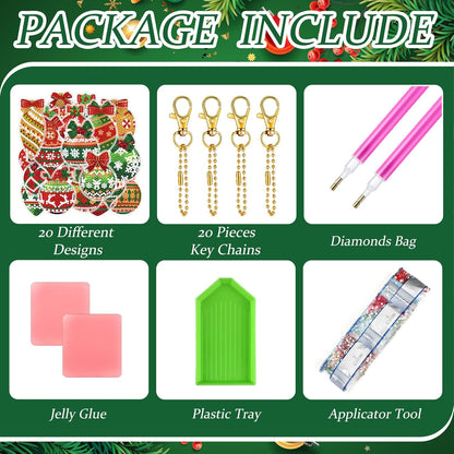 Tondiamo 20 Pcs Christmas Diamond Painting Keychain Kits 5D DIY Diamond Art Pendants Double Sided