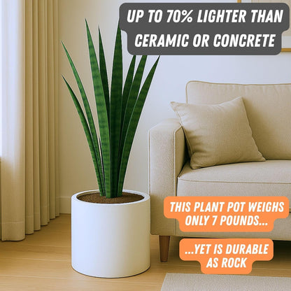 Fox & Fern Large 12 Inch Planter — Premium Lightweight Fiberstone Matte White Plant Pot w Drainage