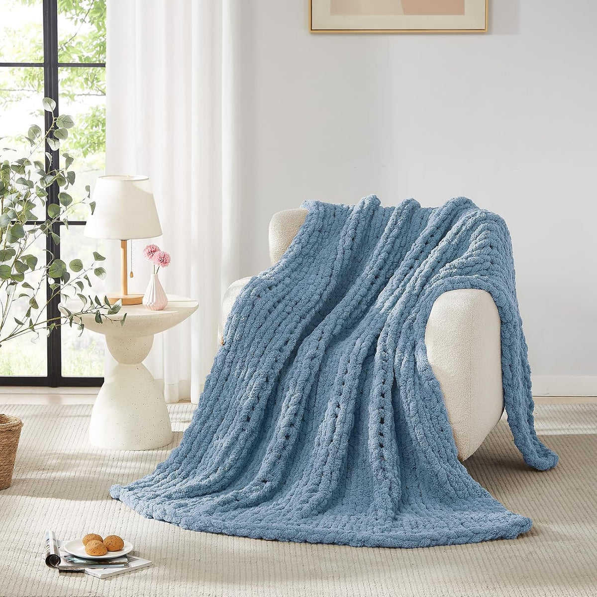 L'AGRATY Chunky Knit Blanket Throw: 80''x90'' Chenille Chunky Knitted Throw Blankets for Bed Couch