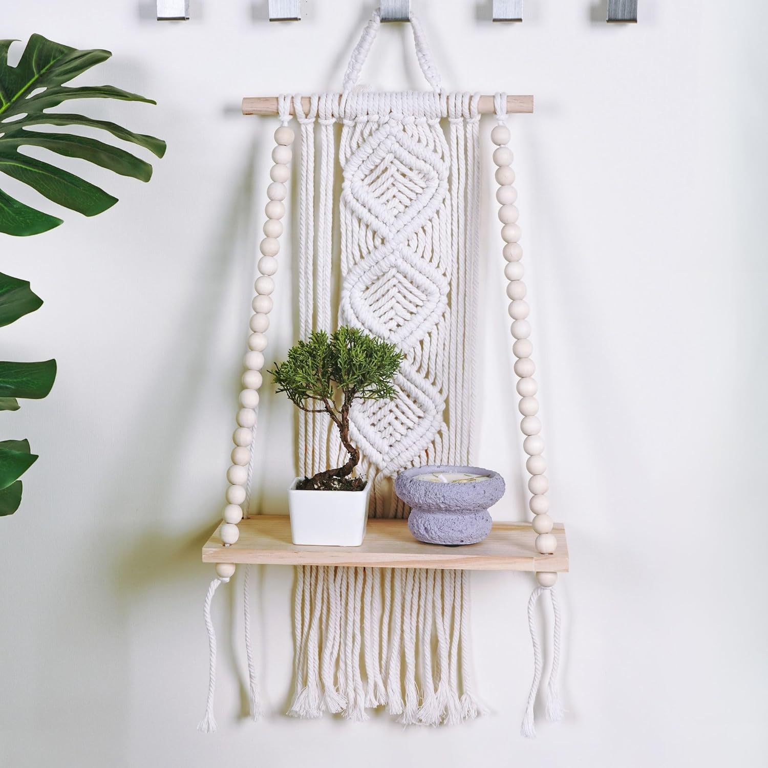 Wooden Macrame Wall Hanging w/Shelf & Sturdy Beaded Rope - Handmade Modern Living Room Decor