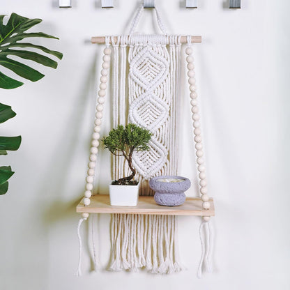 Wooden Macrame Wall Hanging w/Shelf & Sturdy Beaded Rope - Handmade Modern Living Room Decor