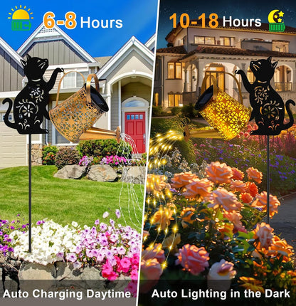 Solar Lights Outdoor Decorative, Watering Can with Cascading Lights, with Cat Silhouette Garden