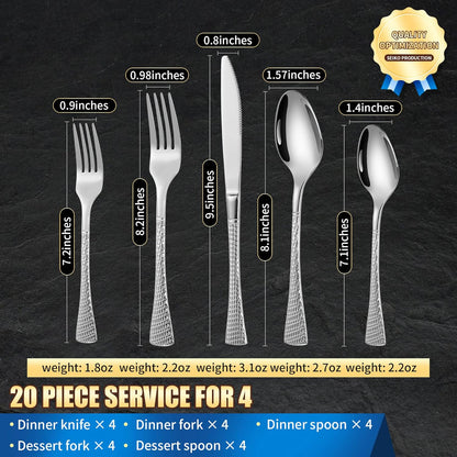 Hammered Silverware Set,20 Piece Modern Flatware Set Service for 4,Mirror Polished Stainless Steel
