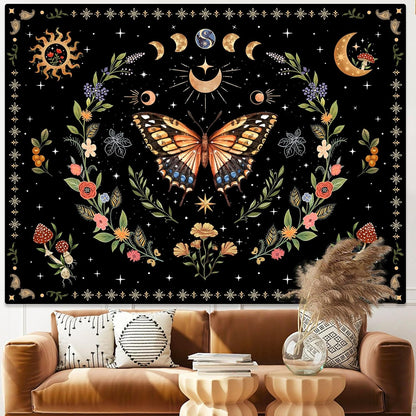 Lunerfex Boho Butterfly Tapestry Flower Moon Wall Tapestry, Moon Phases Tapestries for Bedroom Cute