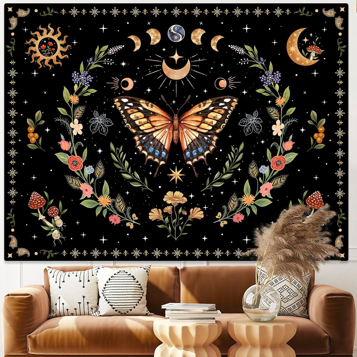Lunerfex Boho Butterfly Tapestry Flower Moon Wall Tapestry, Moon Phases Tapestries for Bedroom Cute