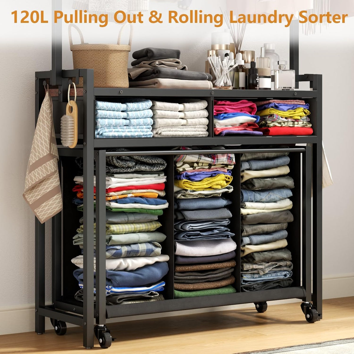 Laundry Sorter Hamper with Hanging Cloth Rack, Laundry Basket with 3 Section Pull-Out Rolling Bags