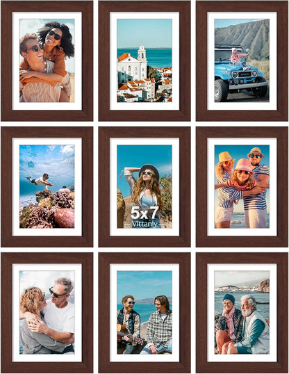 Vittanly 5x7 Picture Frames Set of 9, Shatter Resistant Plexiglass, Display 4x6 Pictures with Mat
