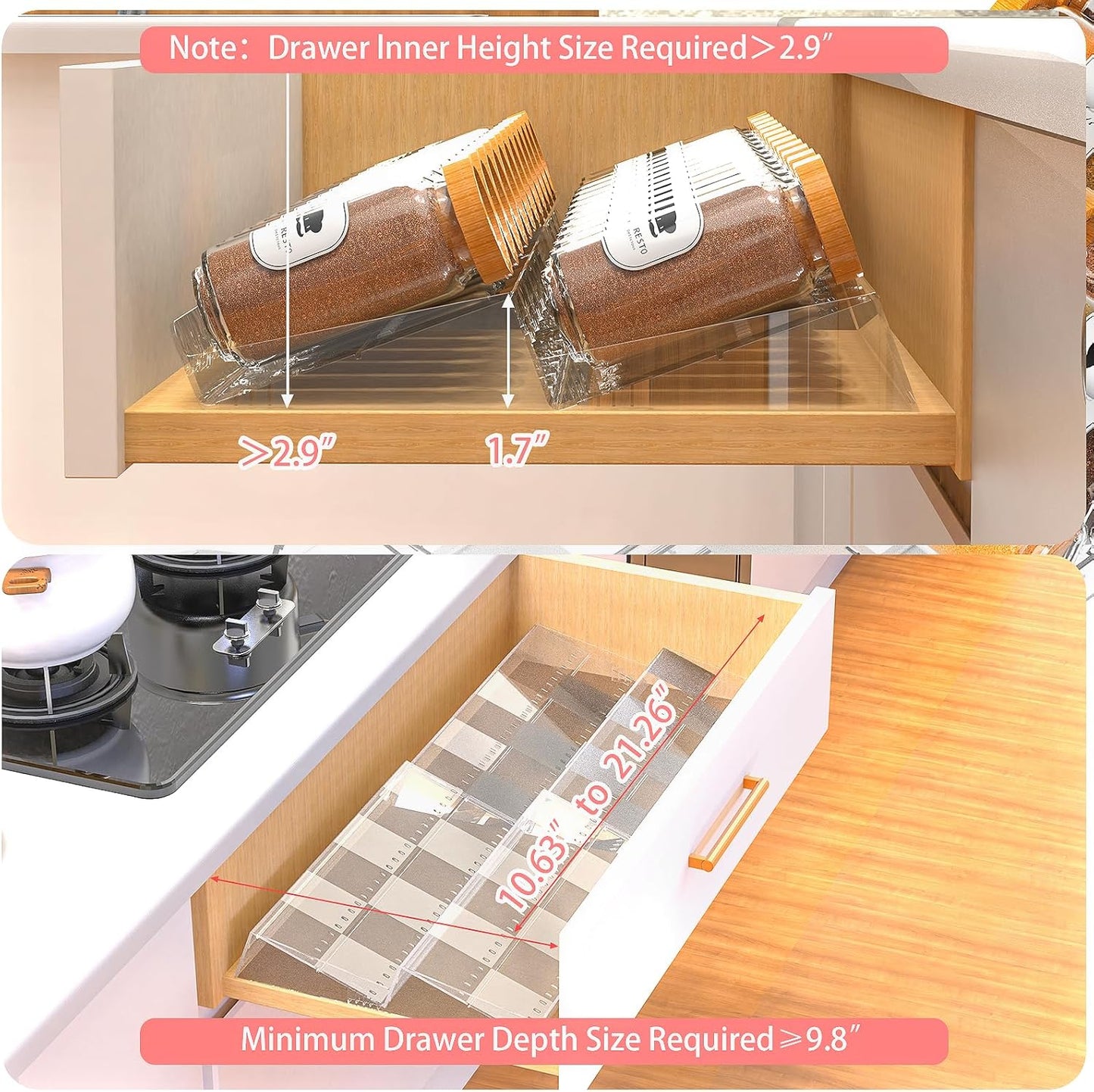 4-Tier Non-Slip Spice Drawer Organizer, 4-Pack Checkered Frosted Clear Acrylic, Expandable