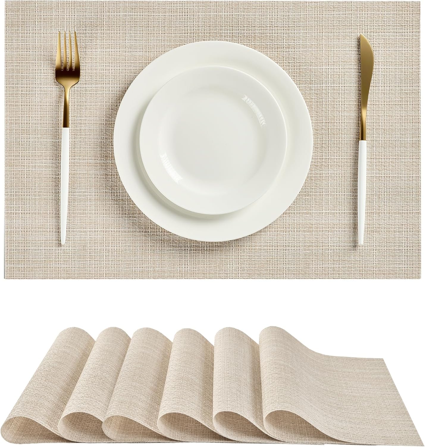 Leetaltree Beige Placemats Set of 6 - Heat Resistant Non-Slip Place mats for Dining Table, Washable