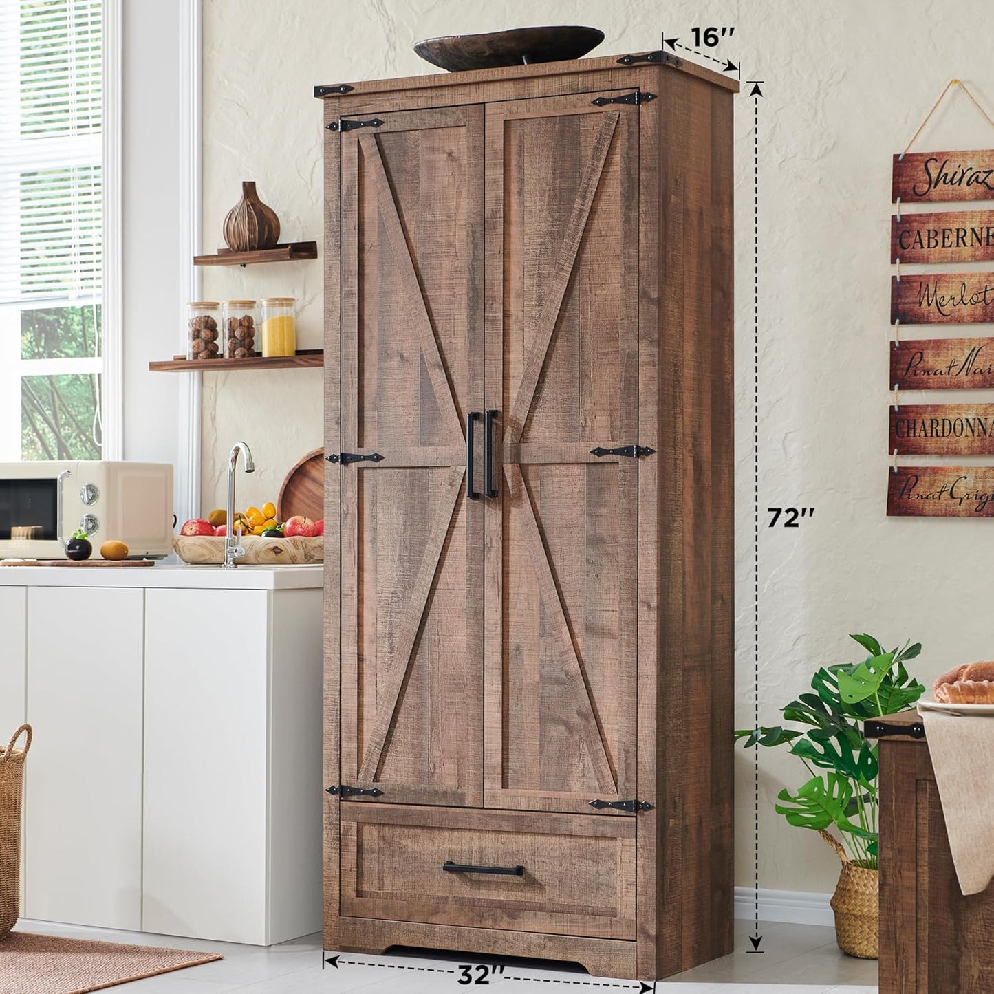 72" Tall Wood Storage Cabinet, Farmhouse Kitchen Pantry Cabinet with Adjustable Shelves & Drawer &