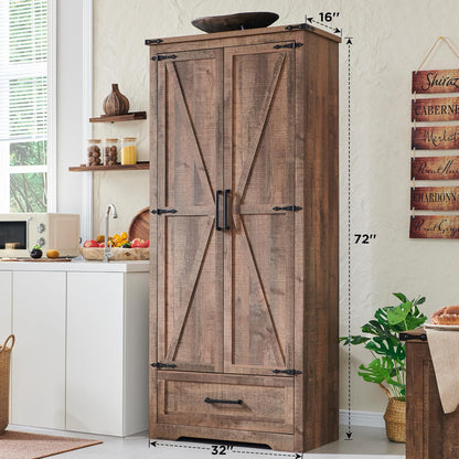 72" Tall Wood Storage Cabinet, Farmhouse Kitchen Pantry Cabinet with Adjustable Shelves & Drawer &