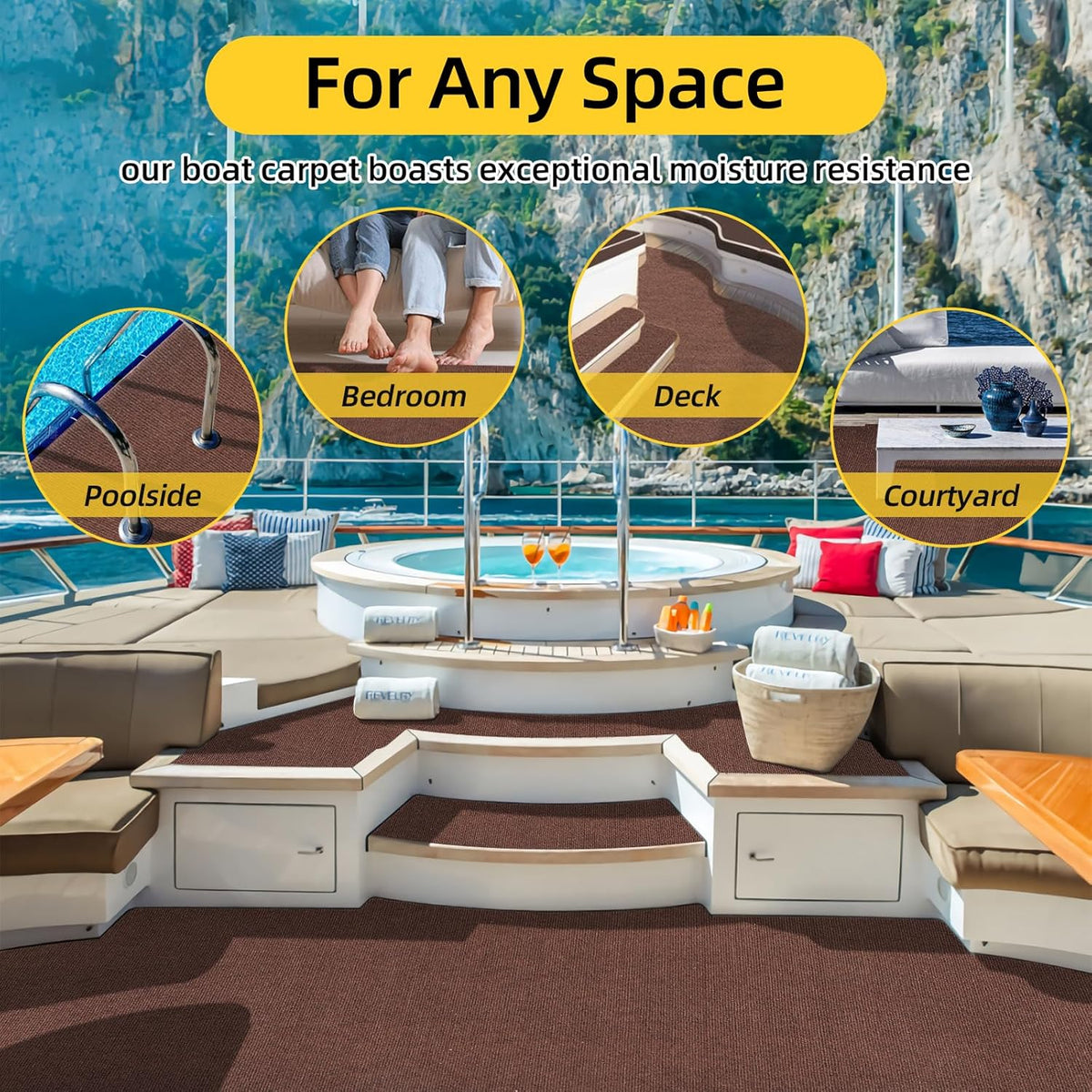 Marine Carpet,5 FT x 25 FT Brown Indoor Outdoor Carpet 0.2" Thick Boat Carpet with Water-Proof TPE