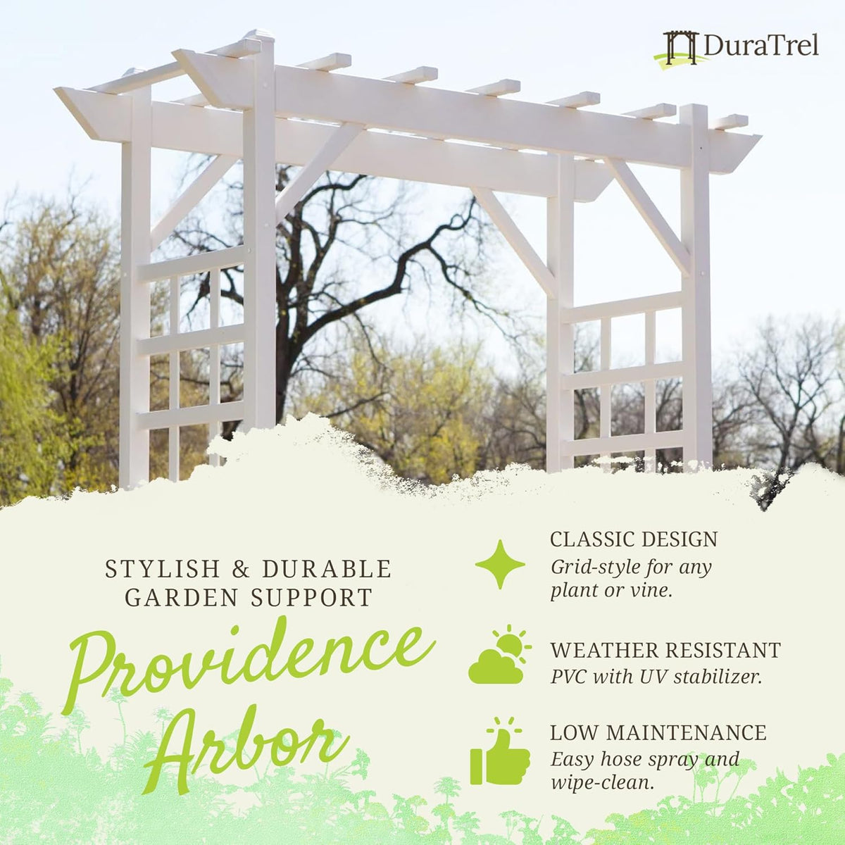 Dura-Trel Providence Arbor, Vinyl Garden Archway for Outdoors, 64" x 85", White - Backyard