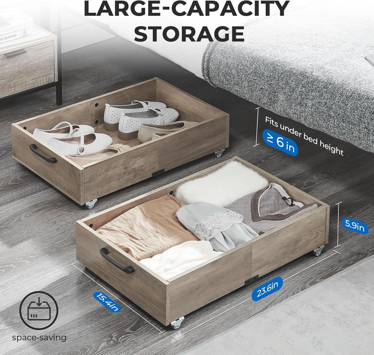 Under Bed Storage with Wheels, 2-Pack Under Bed Shoe Storage Organizer Drawer, Composite Wood